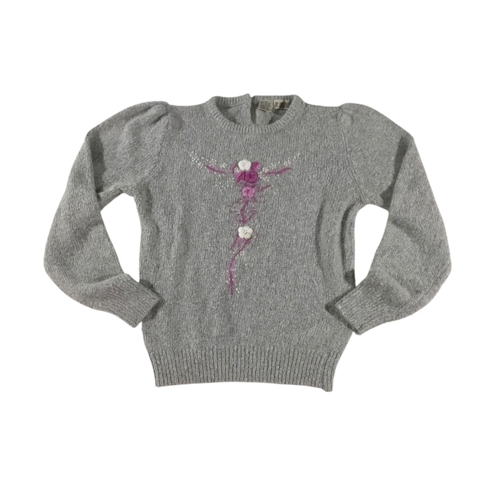 Grey vintage 80s knit silk angora blend sweater with embroidered flowers dainty